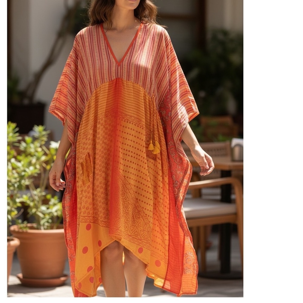 Kantha Bae Mixed Print Kaftan Dress Orange Red Yellow Boho Free Size V-Neck
